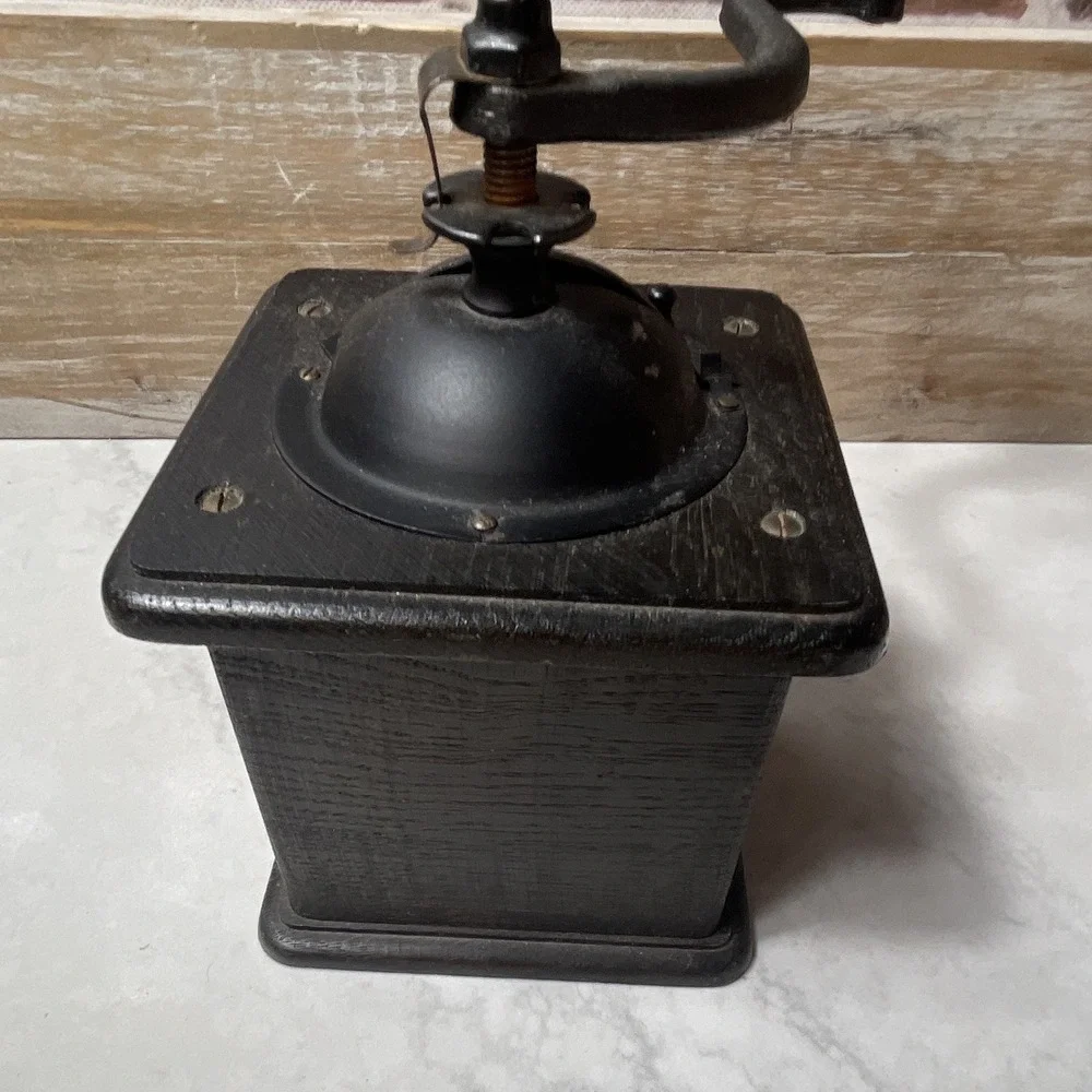 Manual Coffee Grinder Black Wood Box w/ Drawer, Crank Handle, 9 in Tall